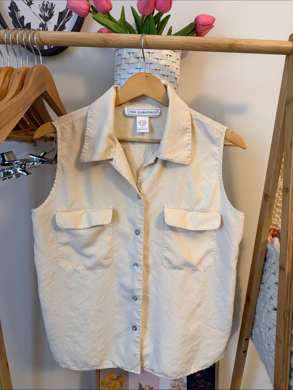 Essentials Silk Sleeveless Button-Front Shell in Light Beige